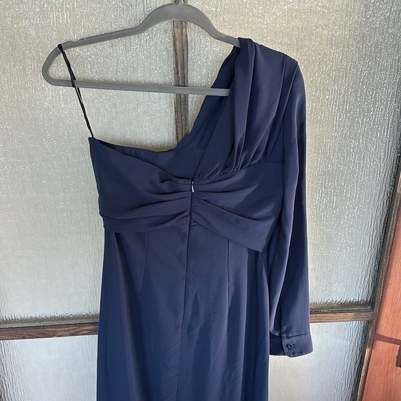 Rokh One Shoulder Knot Dress Women's 36 Navy Blue Crepe Midi Ruffle US size 6. - Picture 12 of 12